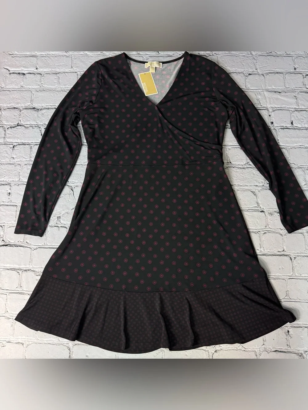 Michael Kors NWT Black Long Sleeve Wrap Dress with Maroon Red Dot Pattern Size L